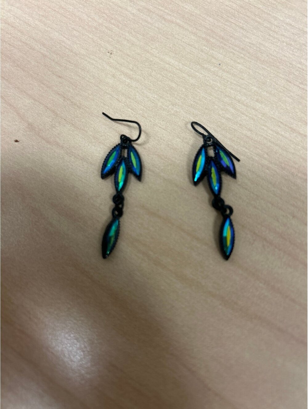 Iridescent Blue and Green Leaf Dangle Drop earrings